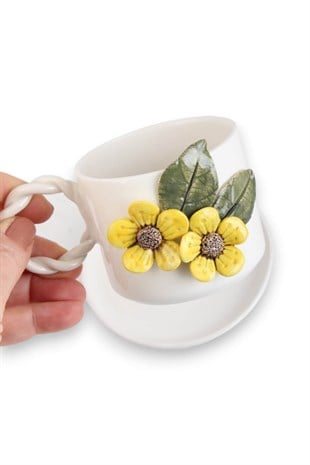 Sarı  Anemone Çicek Detaylı Porselen Kahve Fincanı