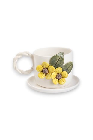 Sarı  Anemone Çicek Detaylı Porselen Kahve Fincanı