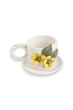 Sarı  Anemone Çicek Detaylı Porselen Kahve Fincanı