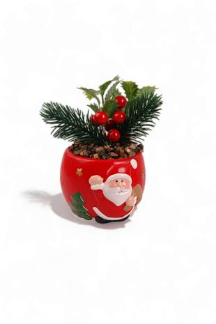Seramik Yuvarlak Saksı Noel Baba Çiçekli Biblo 23001