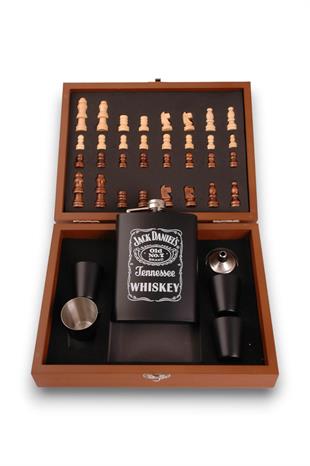 Siyah Beyaz Jack Daniels Satrançlı Matara Seti Ahşap Kutulu
