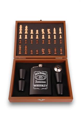 Siyah Beyaz Jack Daniels Satrançlı Matara Seti Ahşap Kutulu