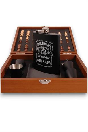 Siyah Beyaz Jack Daniels Satrançlı Matara Seti Ahşap Kutulu