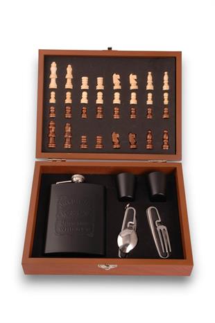 Siyah Jack Daniels Kamp Çatallı Satrançlı Matara Seti Ahşap Kutulu
