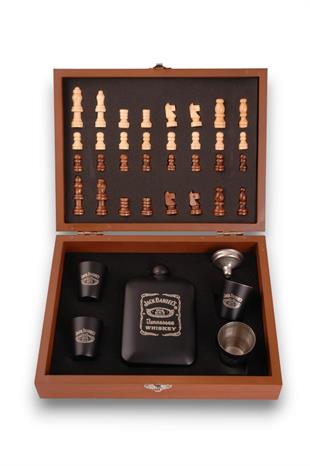 Siyah Jack Daniels Satrançlı Matara Seti Ahşap Kutulu