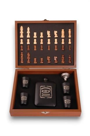 Siyah Jack Daniels Satrançlı Matara Seti Ahşap Kutulu
