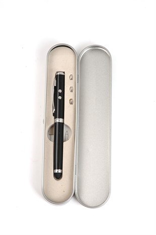 Siyah Lazer Pointer/Led Fener Kalem Metal Kutulu
