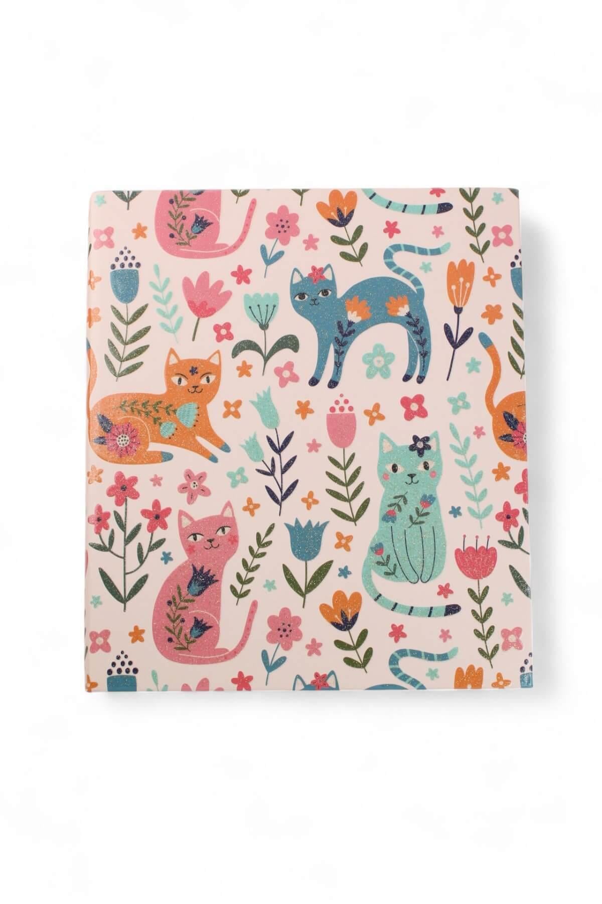17x19,5cm Simli Kedi Desen Çizgili Sert Kapak 160 Sayfa Dikişli Defter