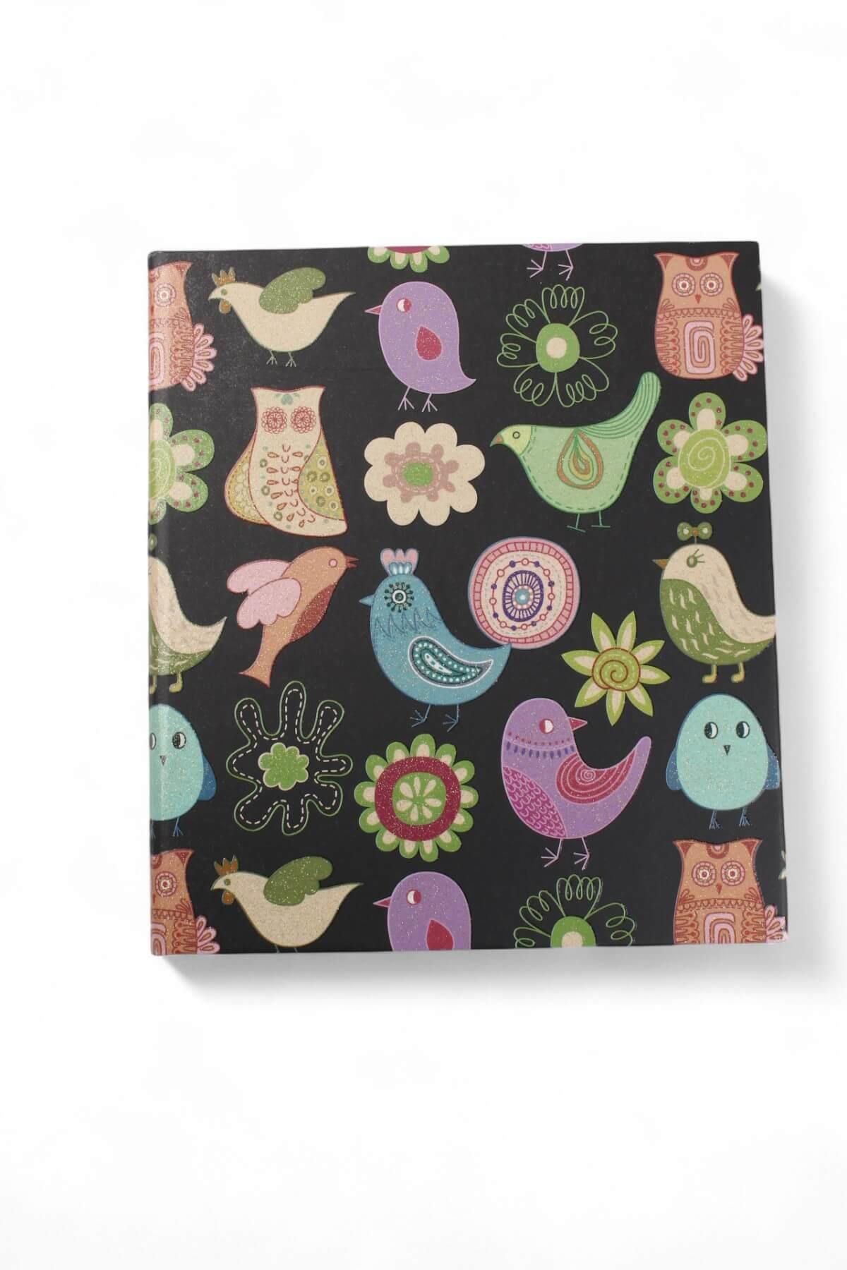 17x19,5cm Simli Kuş Desen Çizgili Sert Kapak 160 Sayfa Dikişli Defter