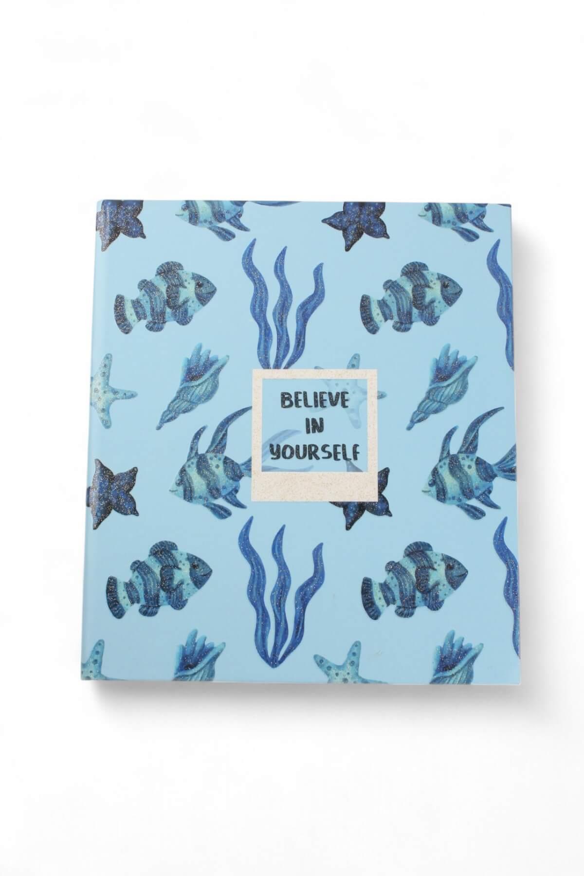 17x19,5cm Simli Marin Desen Çizgili Sert Kapak 160 Sayfa Dikişli Defter