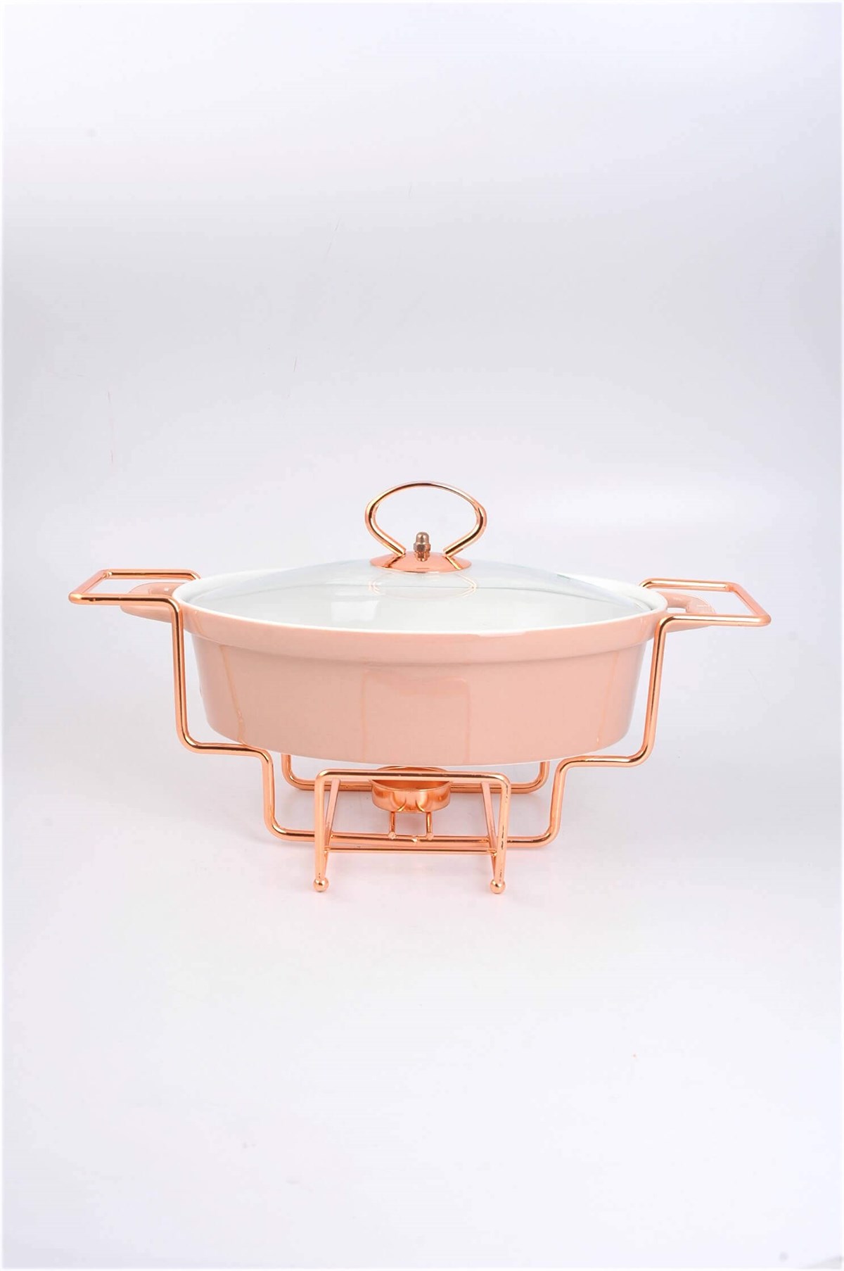 30cm Krem Oval Porselen Fırın Kabı Rose Isıtıcılı Servis Ayaklı