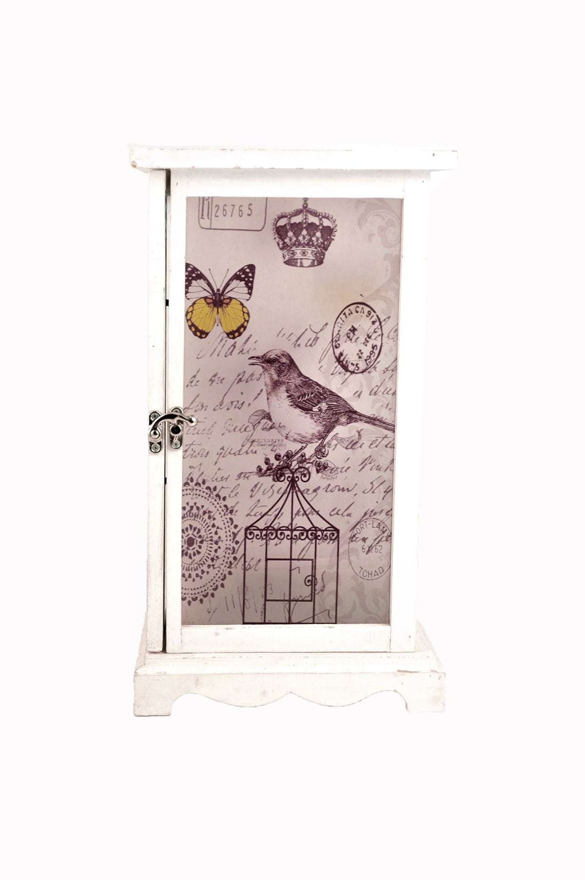 36 cm Beyaz Fener Kuş Desenli Ahşap Mumluk 