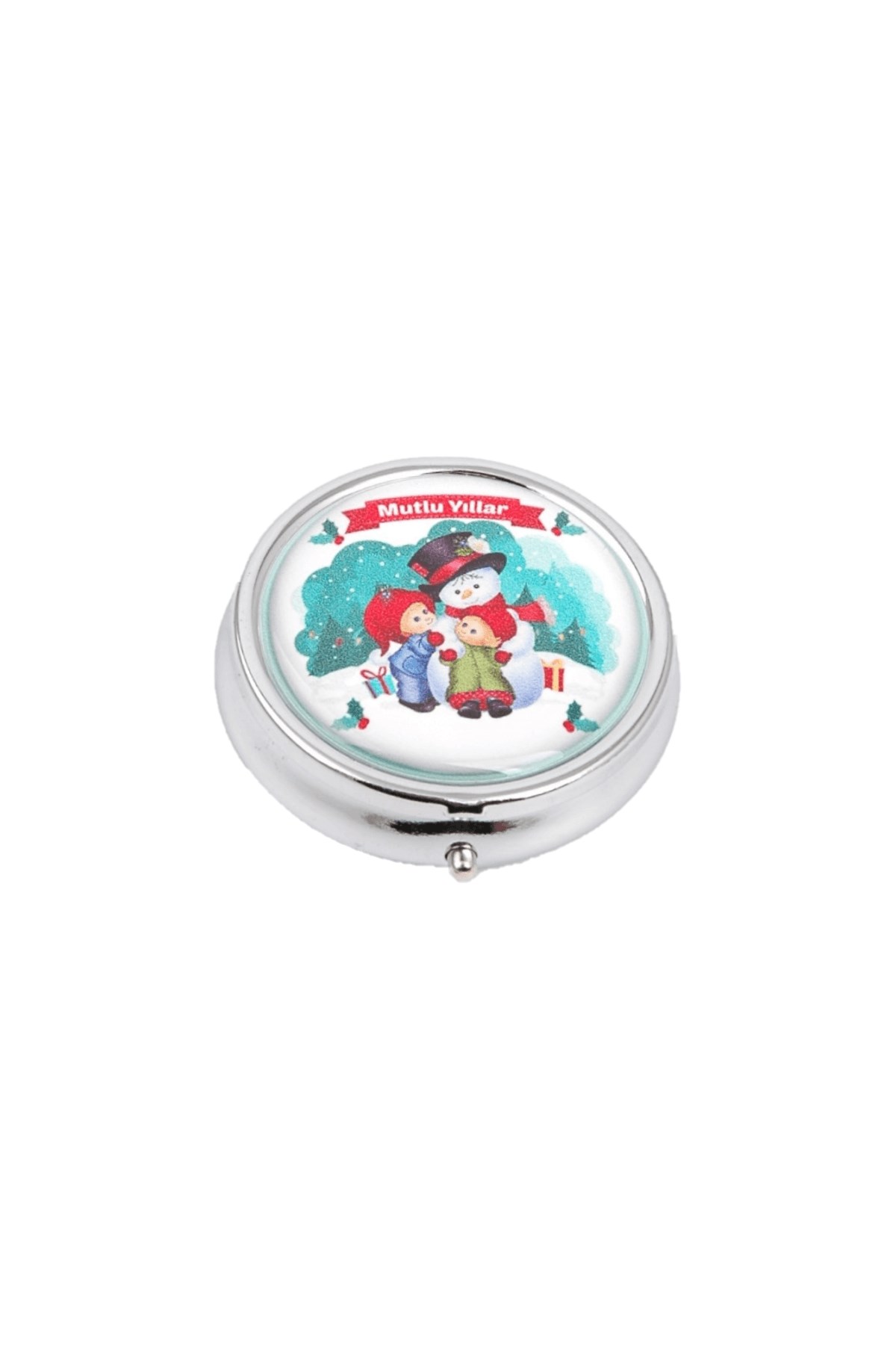5 cm Metal Yeşil Kardan Adam Desenli İlaç Kutusu