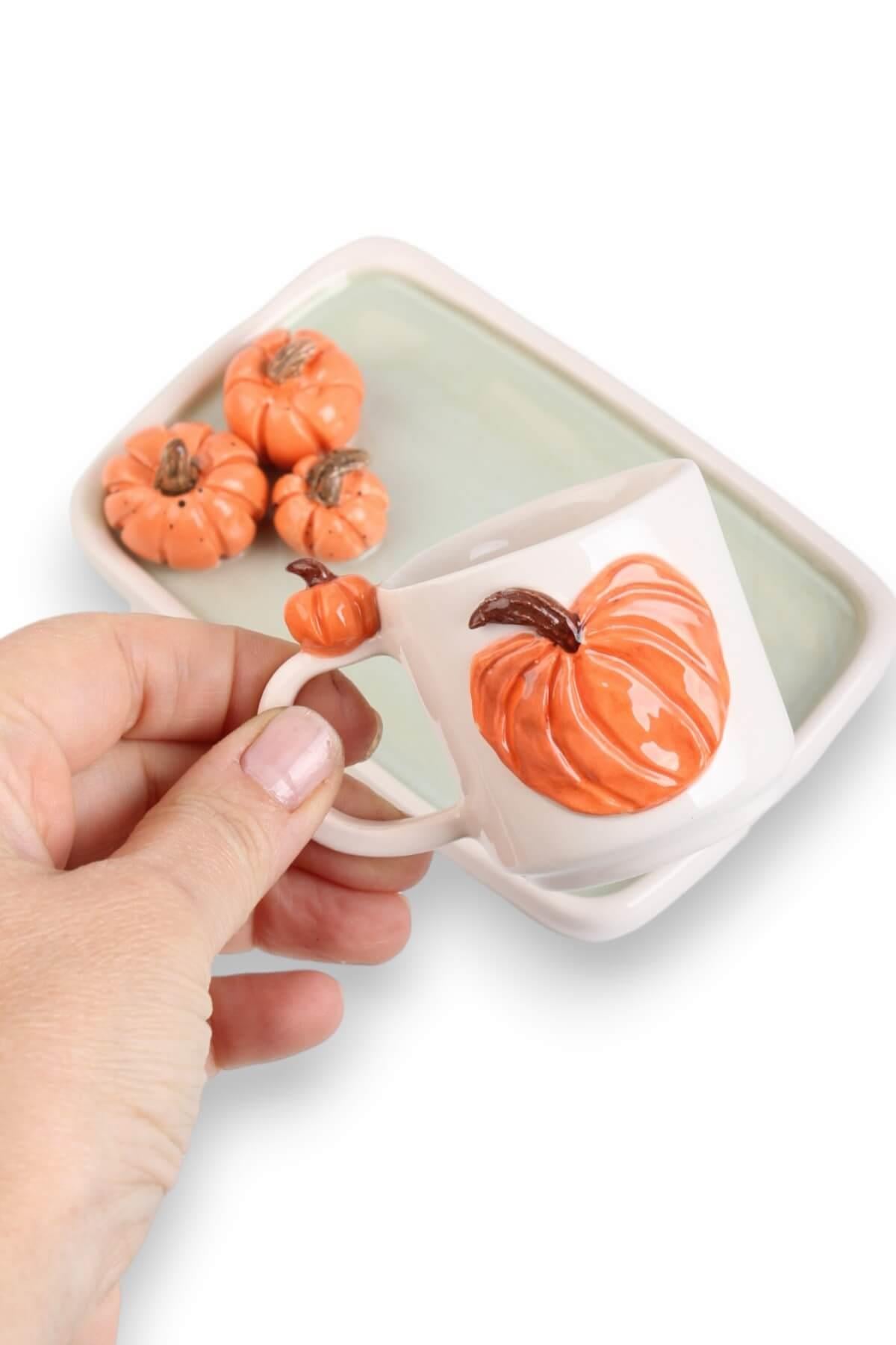 Balkabağı Motifli  115mL El Yapımı Seramik Kahve Fincanı No:1