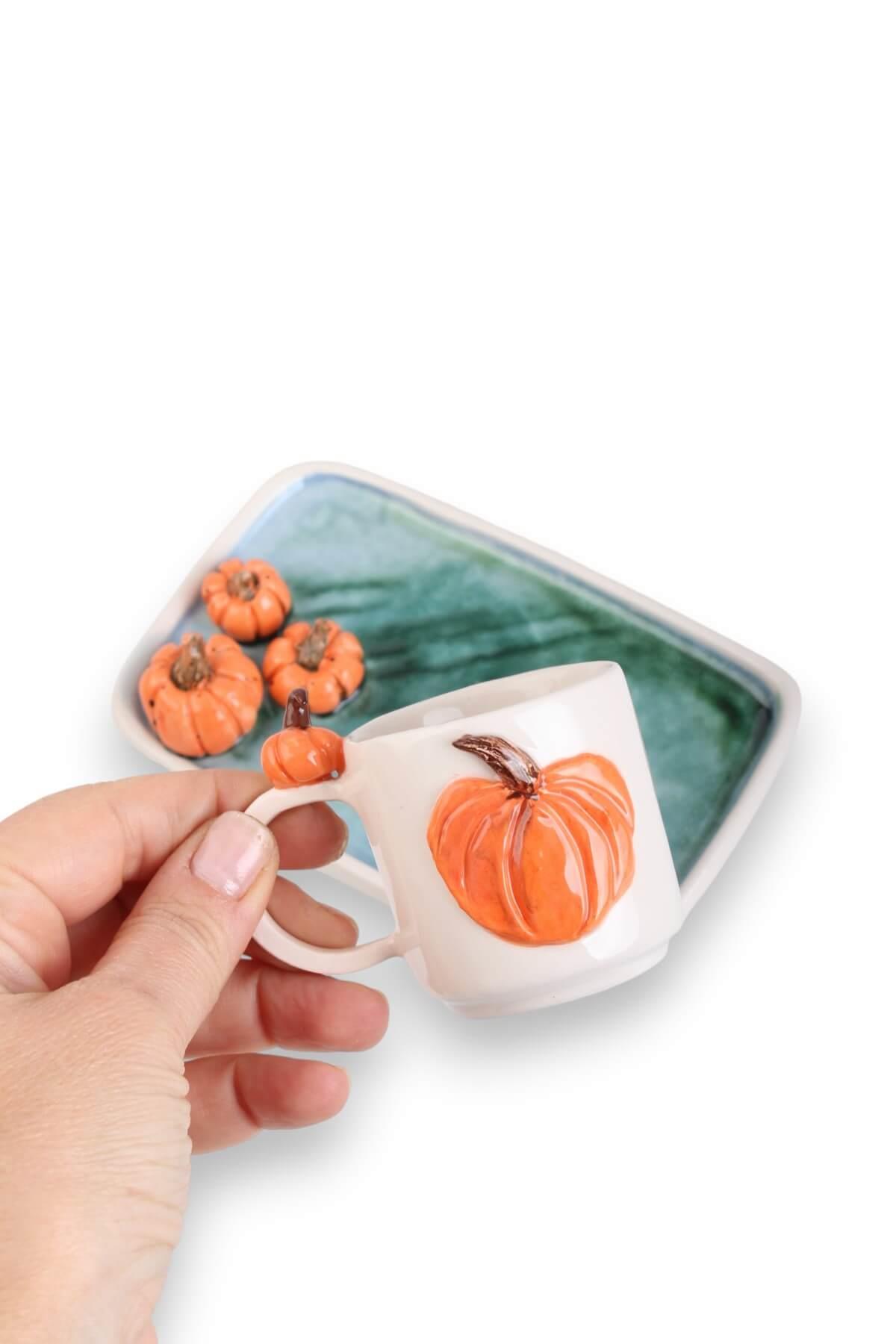 Balkabağı Motifli  115mL El Yapımı Seramik Kahve Fincanı No:2