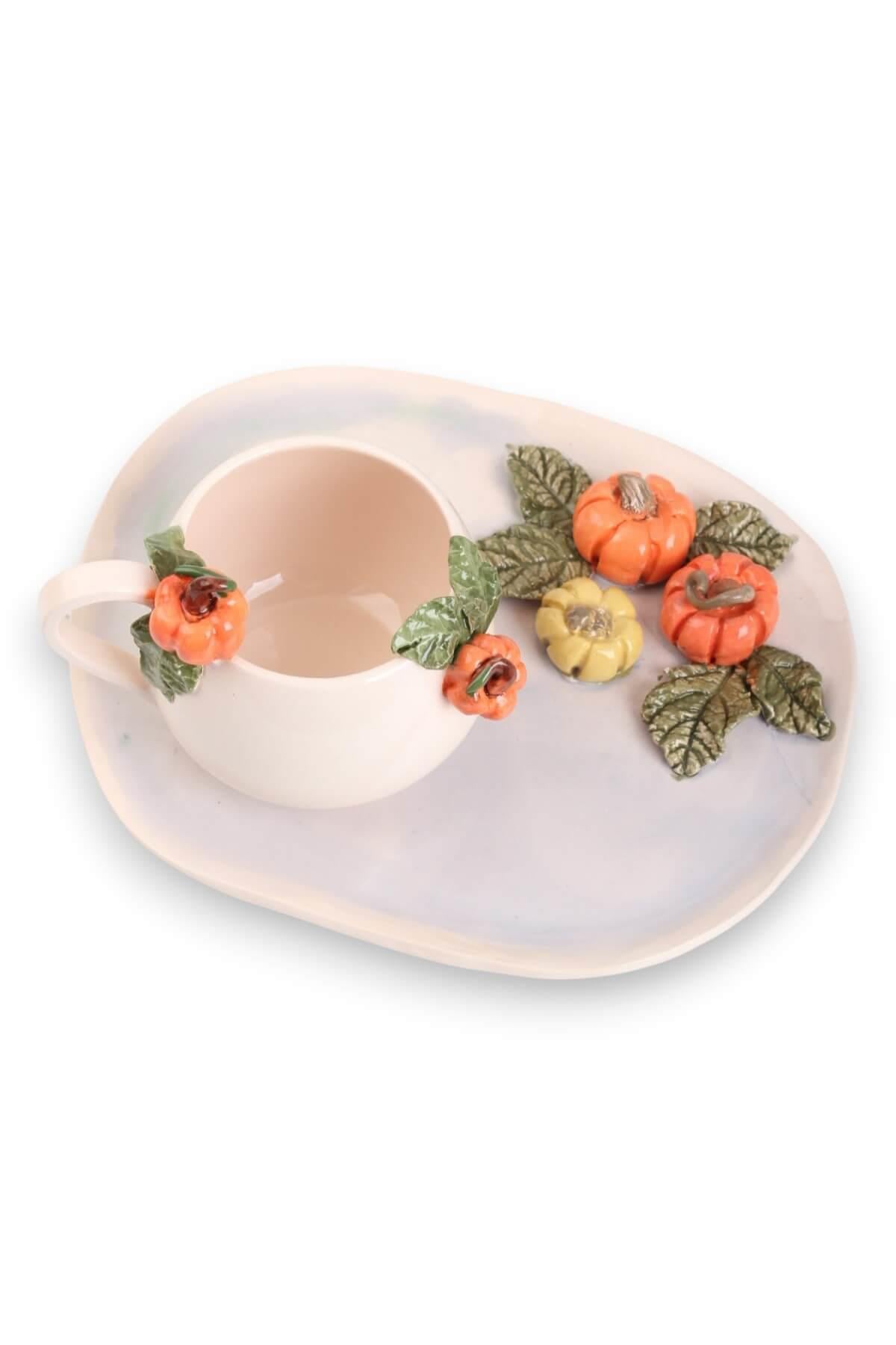 Balkabağı Motifli  296 mL El Yapımı Seramik Kahve Fincanı No:2