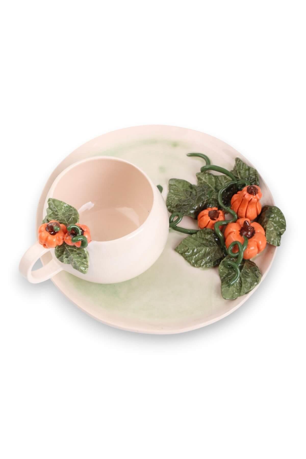 Balkabağı Motifli  296 mL El Yapımı Seramik Kahve Fincanı No:3