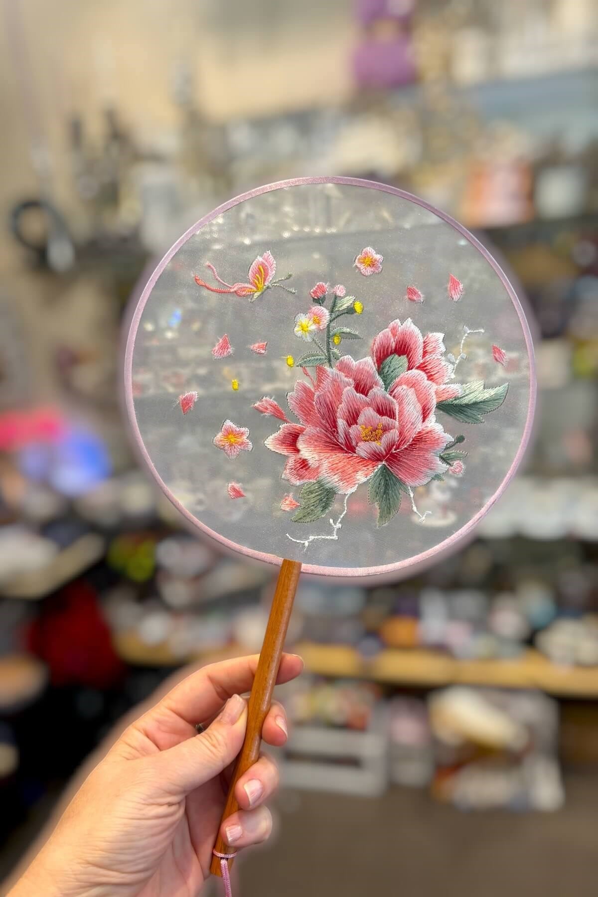 Nakışlı Japon Yelpazesi Pembe Güllü