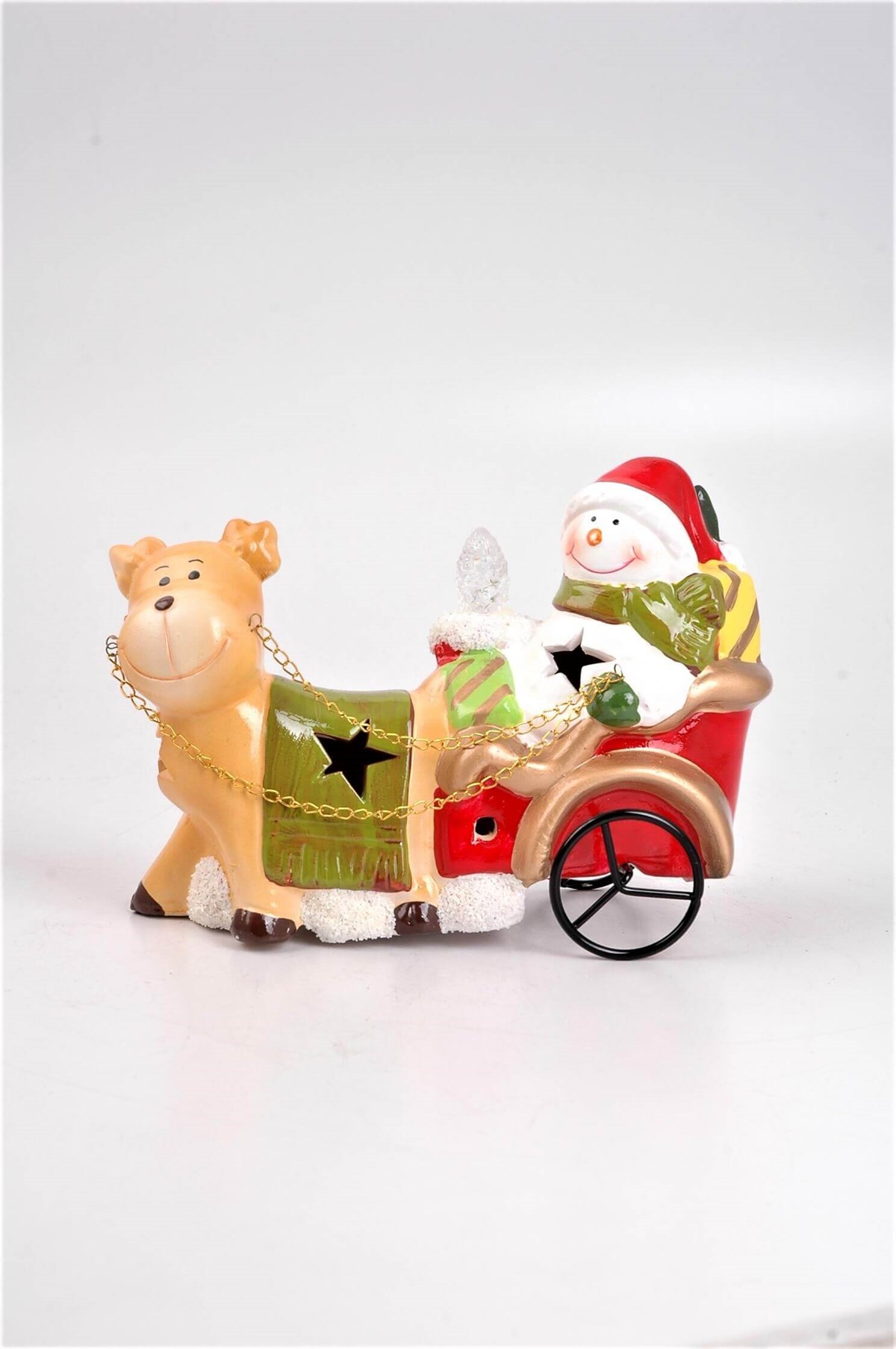 Seramik Geyikli Araba Pilli Noel Baba/Kardanadam