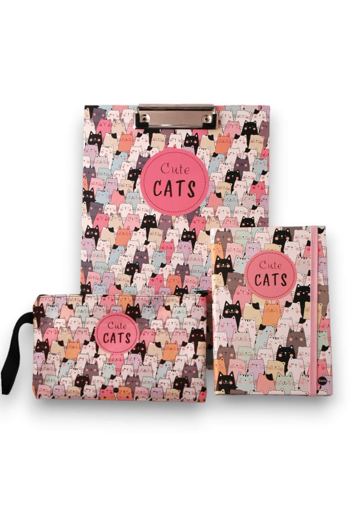 Sevimli Kedi Defter Sekreterlik Kumaş Kalemlik Hediye Seti