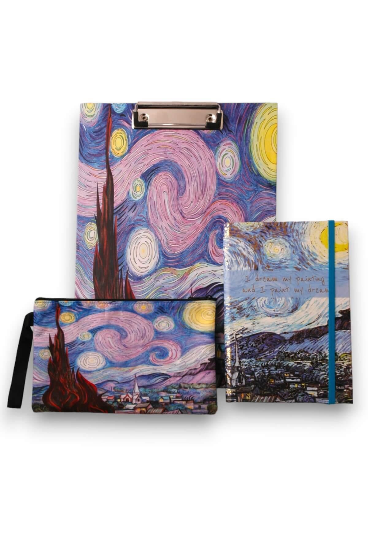 Van Gogh Yıldızlı Gece Defter Sekreterlik Kumaş Kalemlik Hediye Seti