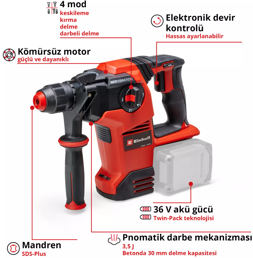 Einhell TP-HD 36/30 Li BL +4 - Solo, Akülü Kırıcı Delici (Akü ve Şarj Cihazı Dahil Değildir) - 4513983
