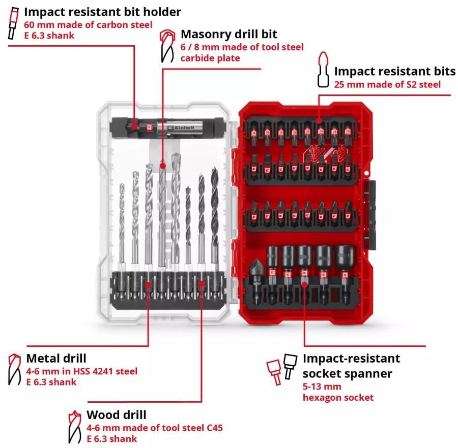 Einhell kombi uç seti Bits & Matkap uç 39 parça M-BOX kutu - 49108759