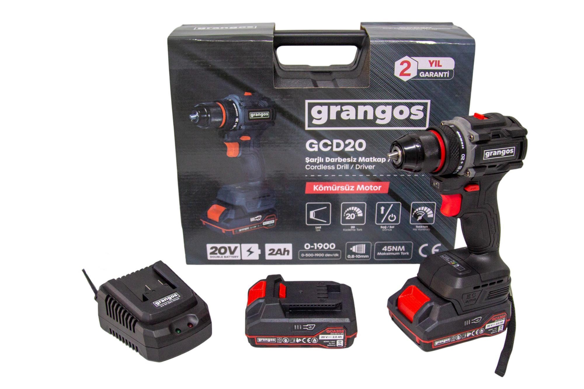 Grangos GCD20-T2 20V 2 Ah Çift Akülü Darbesiz Matkap