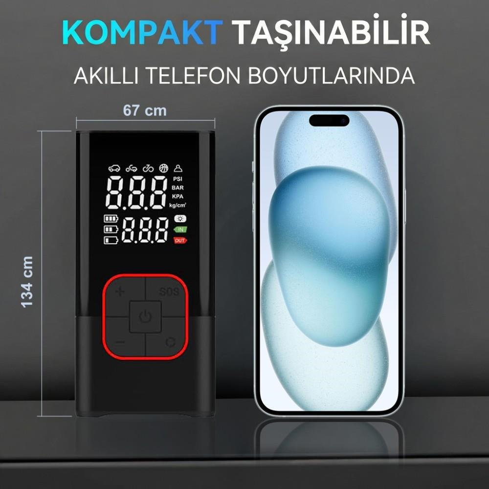 KOBB KB412 Li-ion Şarjlı 150 PSI Dijital Göstergeli Akıllı Lastik Şişirme Pompası+ Powerbank + SOS + Led Lamba