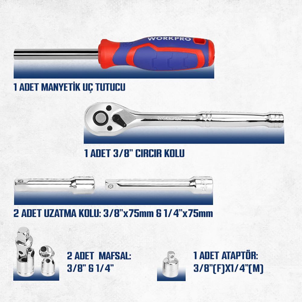 WORKPRO WP202524 1/4’ 3/8’’ Metrik 75 Parça Cr-V Profesyonel Lokma Takımı