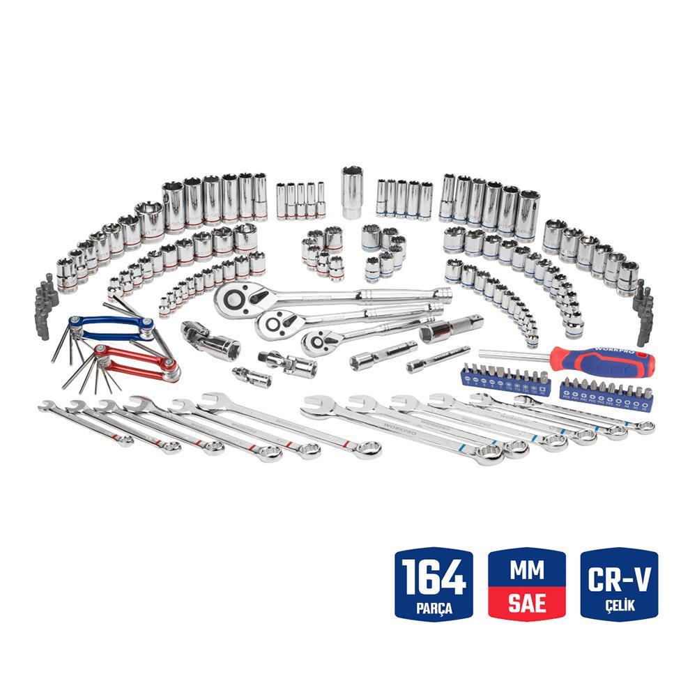 WORKPRO WP202530 1/4’ 3/8’’ 1/2’ Metrik/İnç 164 Parça Cr-V Ağır Hizmet Lokma ve Kombine Anahtar Takımı