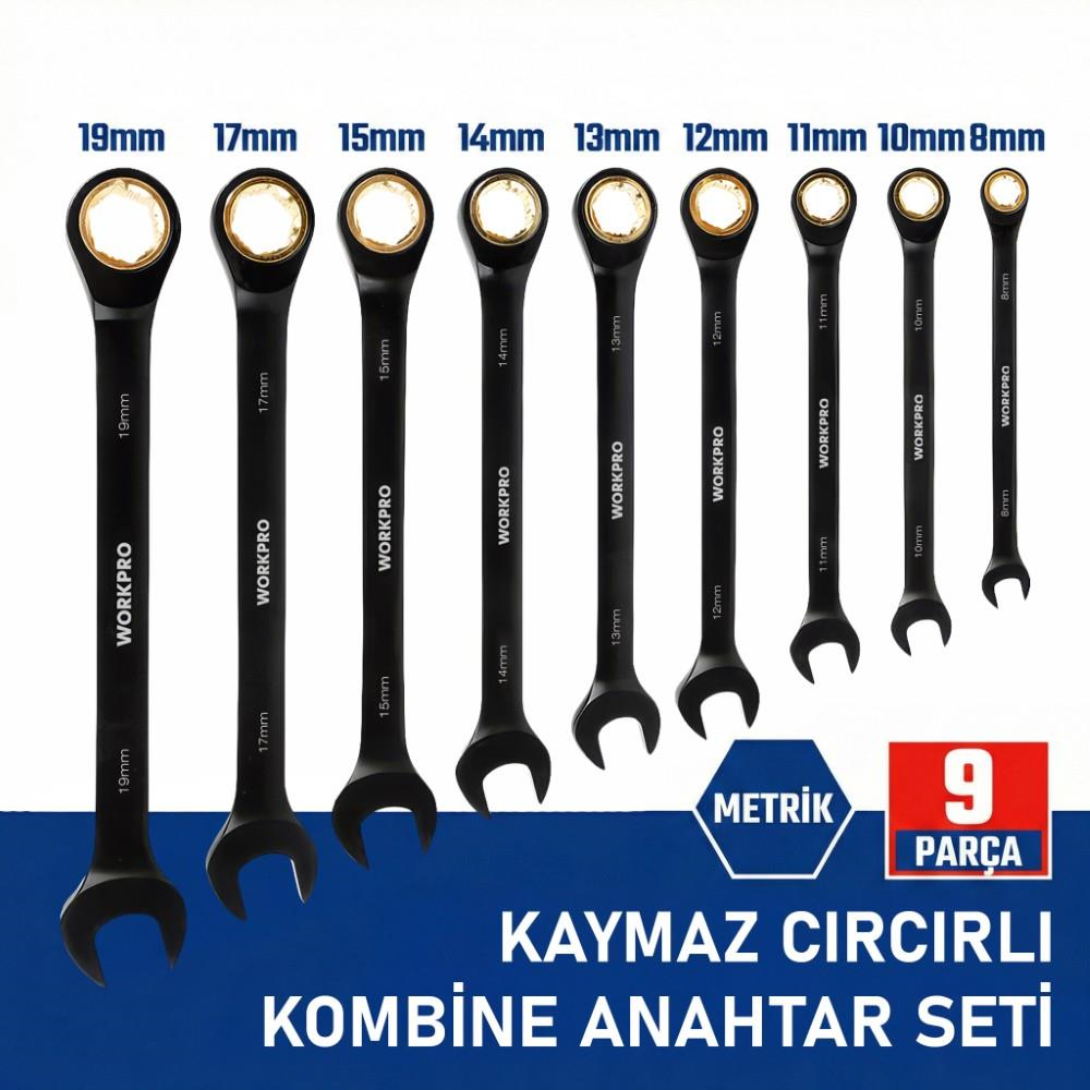 WORKPRO WP202602 8-19mm 9 Parça CR-V Profesyonel Cırcır Kombine Anahtar Takımı + Bez Taşıma Kılıfı