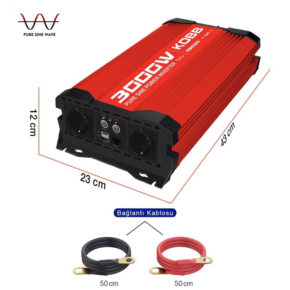 KOBB KBN3000 12V/220V 3000Watt Tam Sinüs Dönüştürücü İnvertör