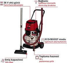 Einhell TP-VC 36/30 S Auto - Solo Akülü Islak/Kuru Süpürge (Akü ve Şarj Cihazı Dahil Değildir) - 2347143