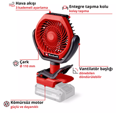 Einhell GC-CF 18/110 Li - Solo, Akülü Vantilatör (Akü ve Şarj Cihazı Dahil Değildir) - 3408061
