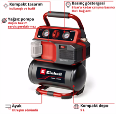 Einhell TE-AC 18/75 Li OF-Solo, Akülü Kompresör (Akü ve Şarj Cihazı Dahil Değildir) - 4020410