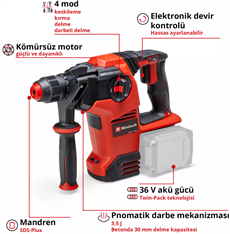 Einhell TP-HD 36/30 Li BL +4 - Solo, Akülü Kırıcı Delici (Akü ve Şarj Cihazı Dahil Değildir) - 4513983