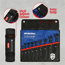 WORKPRO WP202602 8-19mm 9 Parça CR-V Profesyonel Cırcır Kombine Anahtar Takımı + Bez Taşıma Kılıfı