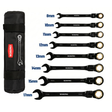 WORKPRO WP202603 8-17mm 8 Parça CR-V Profesyonel Mafsallı Cırcır Kombine Anahtar Takımı + Bez Taşıma Kılıfı