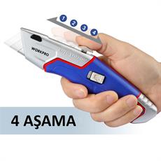 WORKPRO WP213012 Ağır Hizmet Alüminyum Gövde Geri Çekilebilir Rötuş Maket Bıçağı + 4 Adet Yedek Bıçak