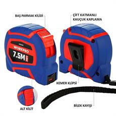 WORKPRO WP261010 7,5Mx25mm/25Ft. Naylon Kaplama Sarı Çelik Şerit Metre 
