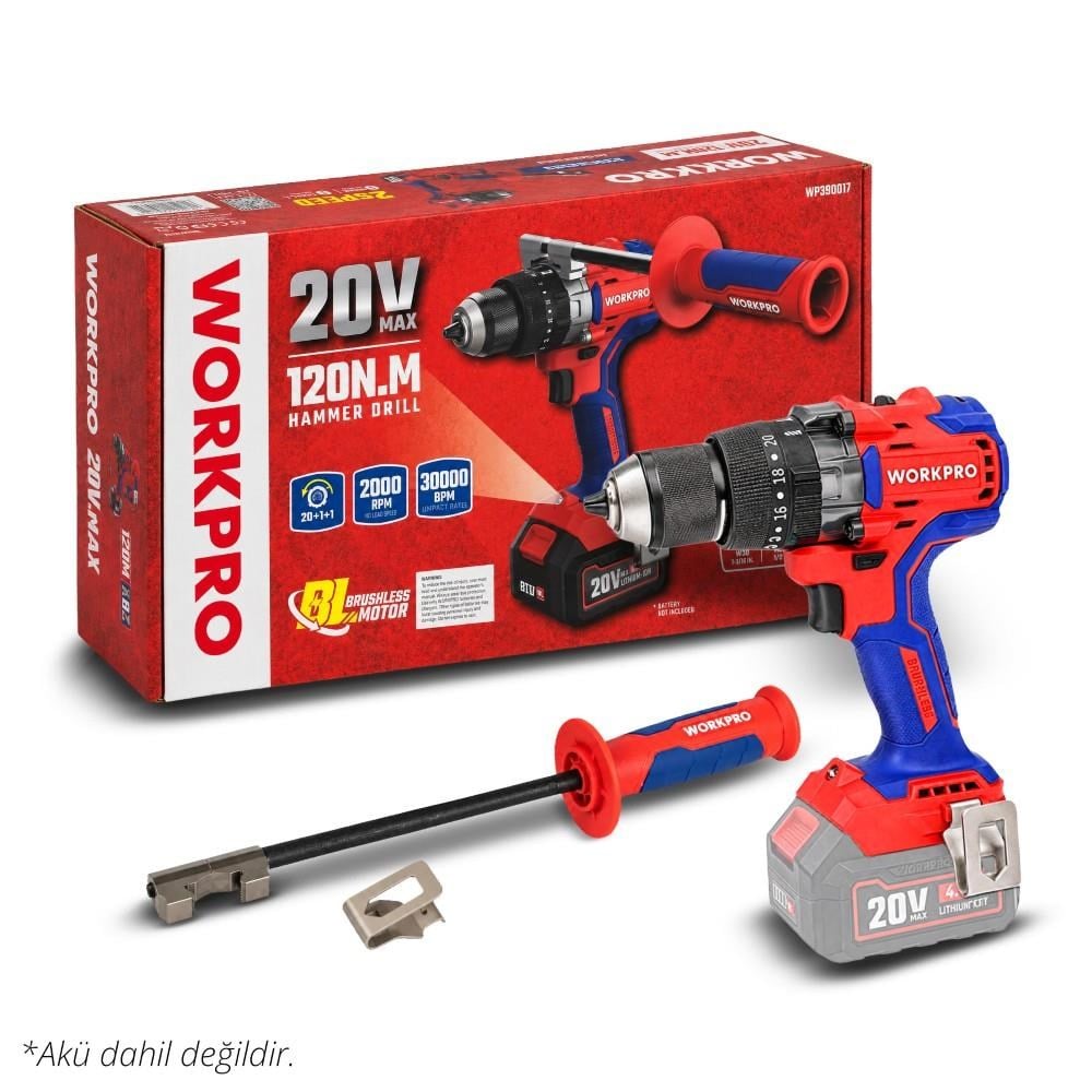 WORKPRO WP390017 20Volt 120Nm. Kömürsüz Profesyonel Şarjlı Darbeli Matkap (Akü Dahil Değildir)WorkproWP390017Matkaplar-LastikTR.com