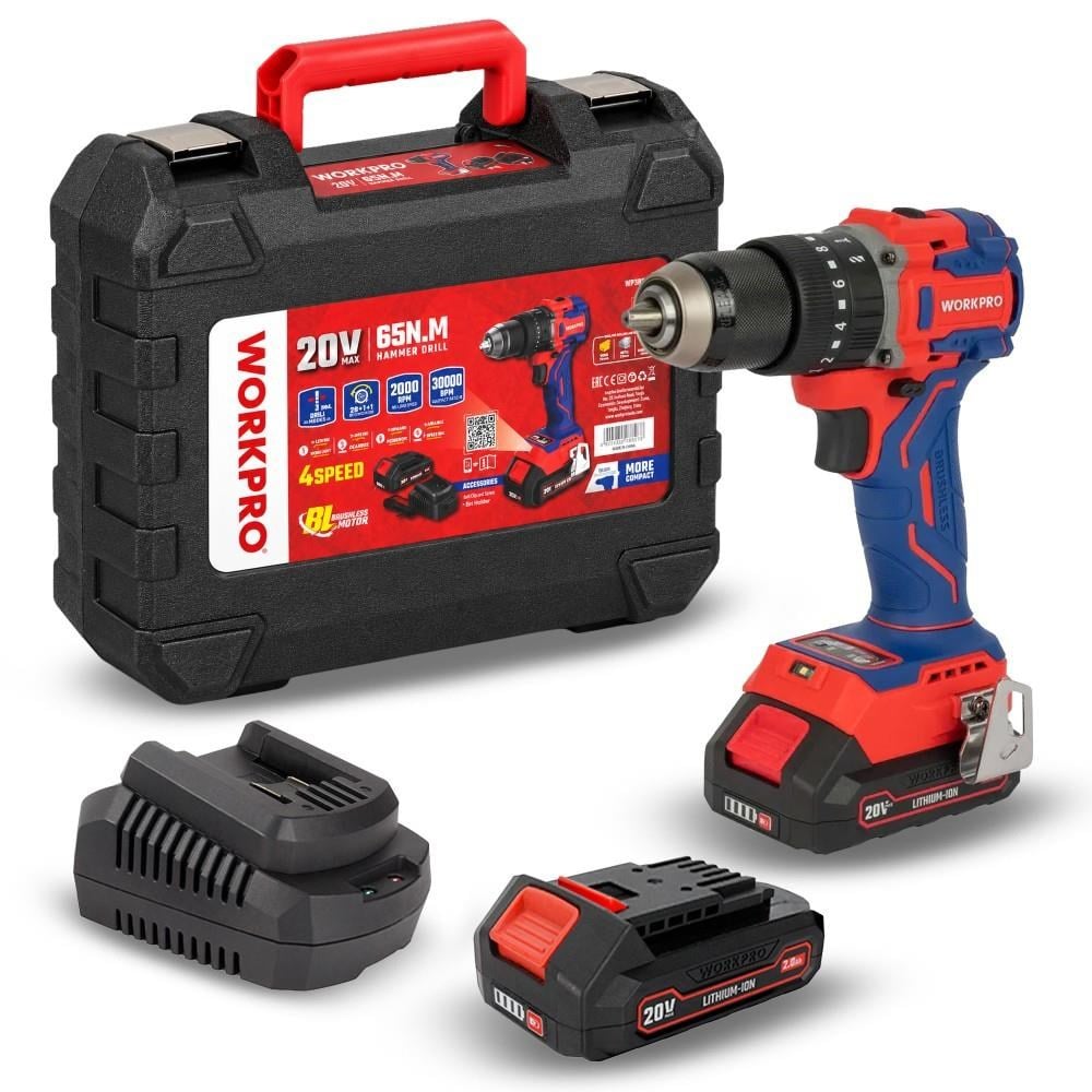 WORKPRO WP390019 20Volt 2.0Ah Li-ion 65Nm. Çift Akülü Kömürsüz Profesyonel Şarjlı Darbeli MatkapWorkproWP390019Matkaplar-LastikTR.com