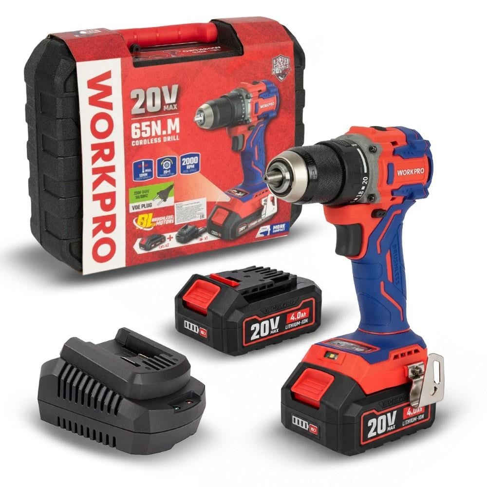 WORKPRO WP390023 20Volt 4.0Ah Li-ion 65Nm. Çift Akülü Kömürsüz Profesyonel Şarjlı MatkapWorkproWP390023Matkaplar-LastikTR.com