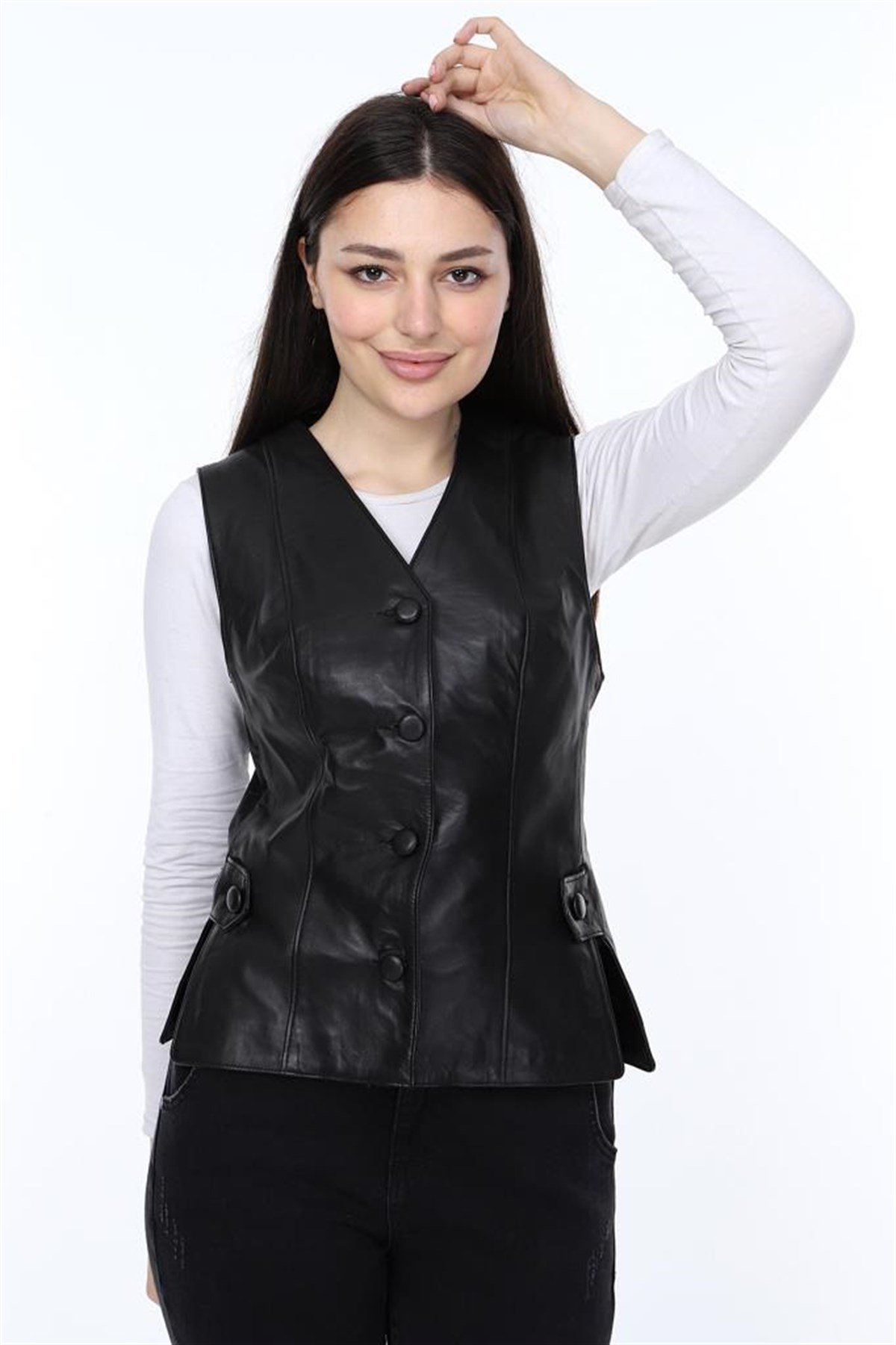 Hakiki Deri Siyah Alanzo Düğmeli Kadın Deri Yelek