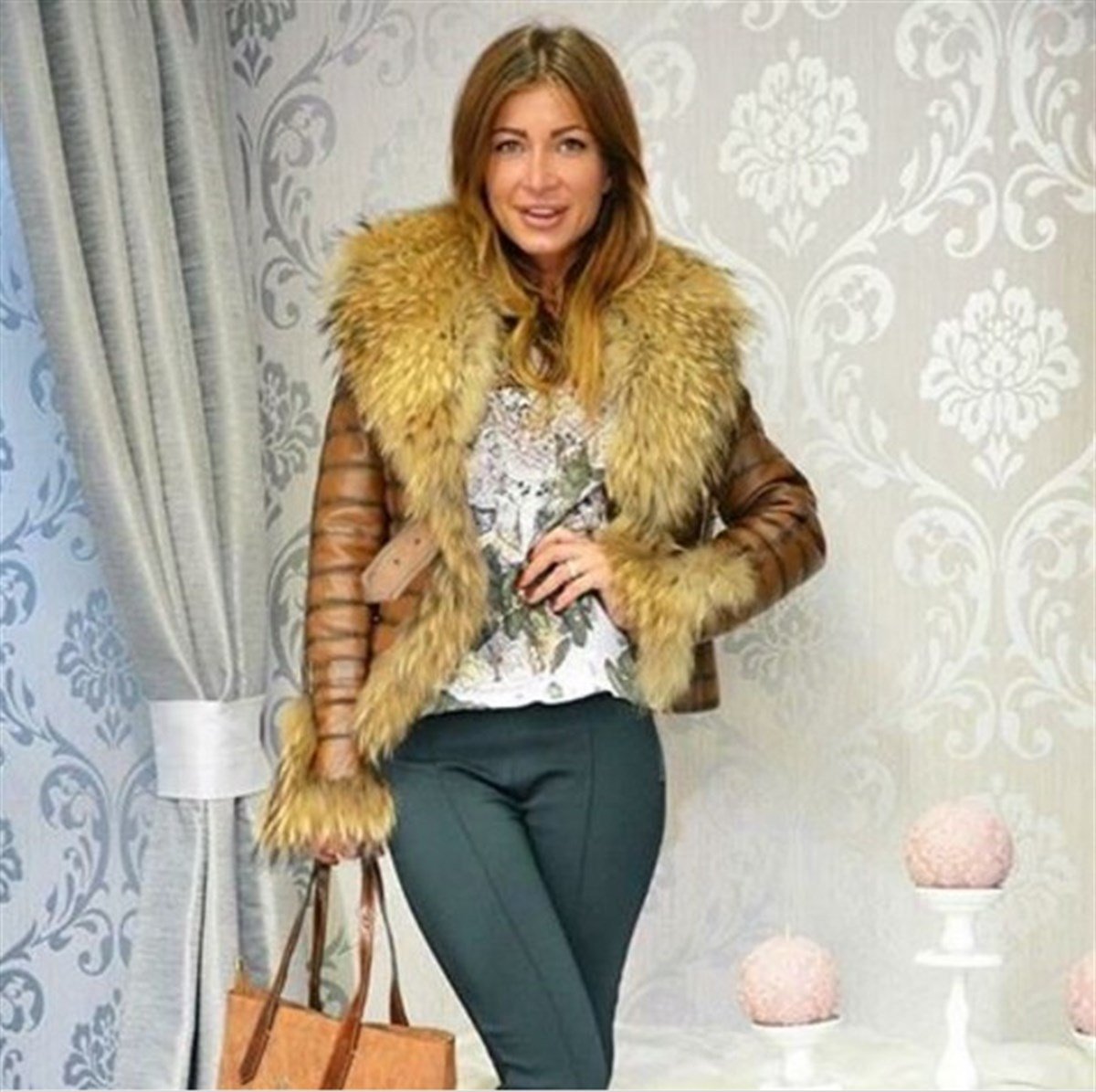 Hakiki Deri Kahverengi Kolları İşlemeli Kürklü Kadın Ceket