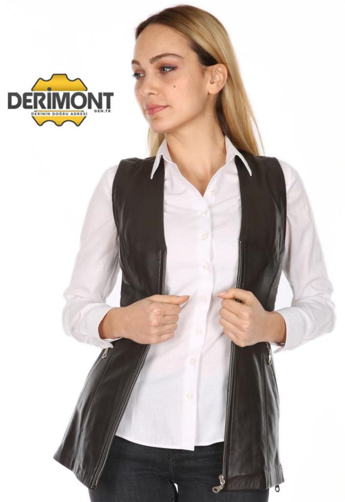 Hakiki Deri Siyah Uzun Neymar Kadın Deri Yelek