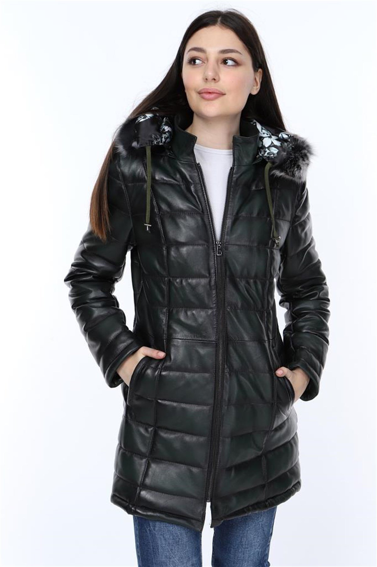 Hakiki Deri Siyah Yaka Kürklü Uzun Kadın Deri Mont