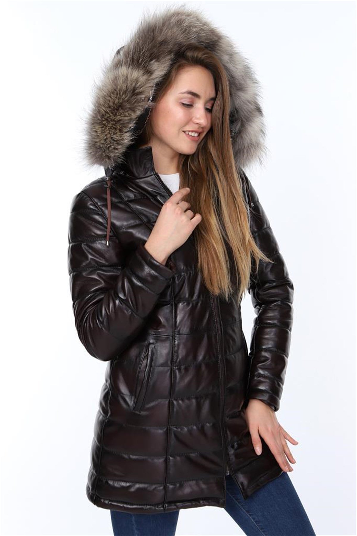 Hakiki Deri Kahverengi Kapşonlu Breet Kürklü Kadın Ceket