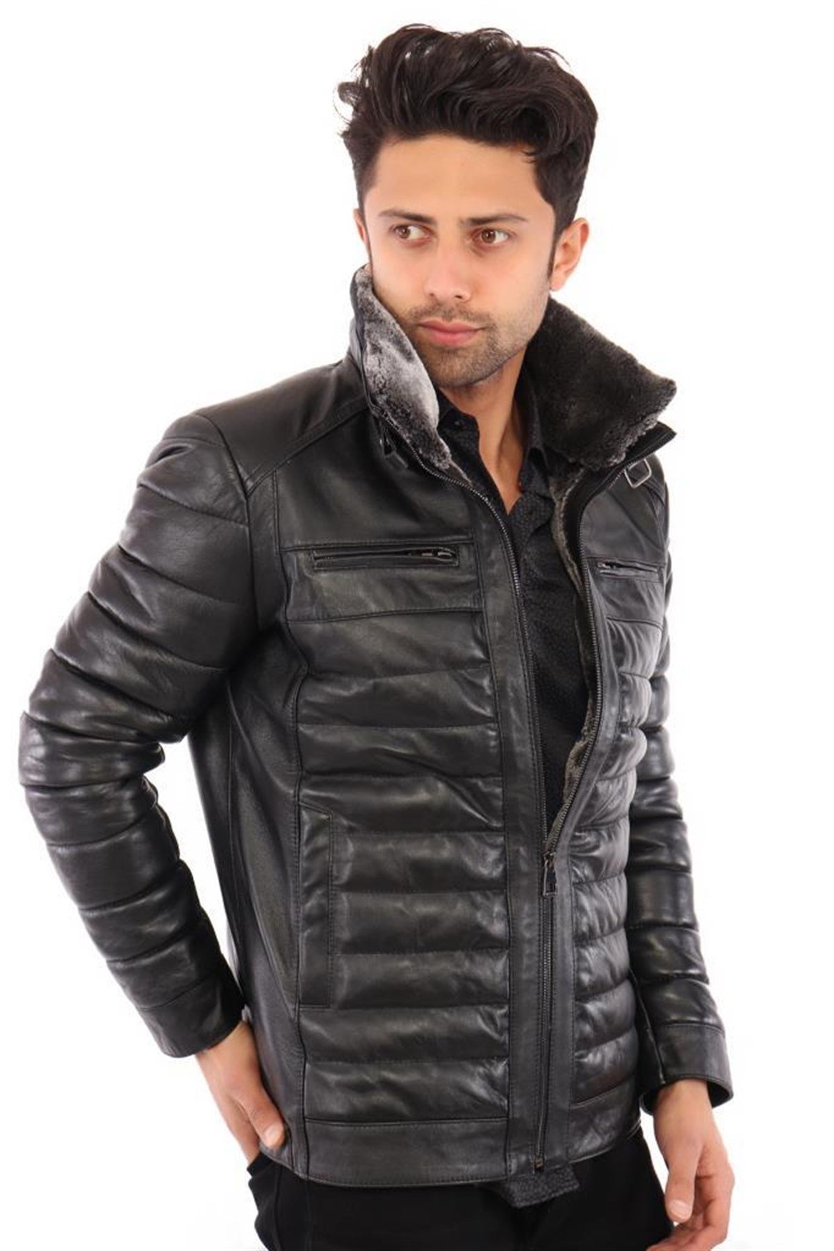 Hakiki Deri Kürklü Siyah Erkek Deri Mont Üst Ve Yandan Fermuarlı Cepli Deri Ceket